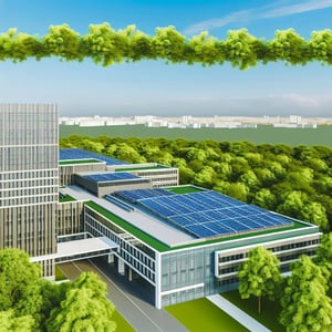 A modern hospital building with solar panels on the roof, surrounded by green trees and a clear blue sky.